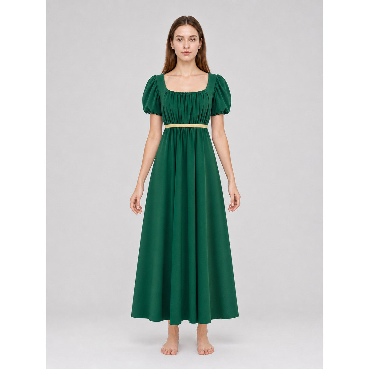 Long Dark Green Dress with Belt and Puff Sleeves front view