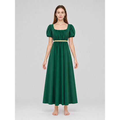Long Dark Green Dress with Belt and Puff Sleeves front view