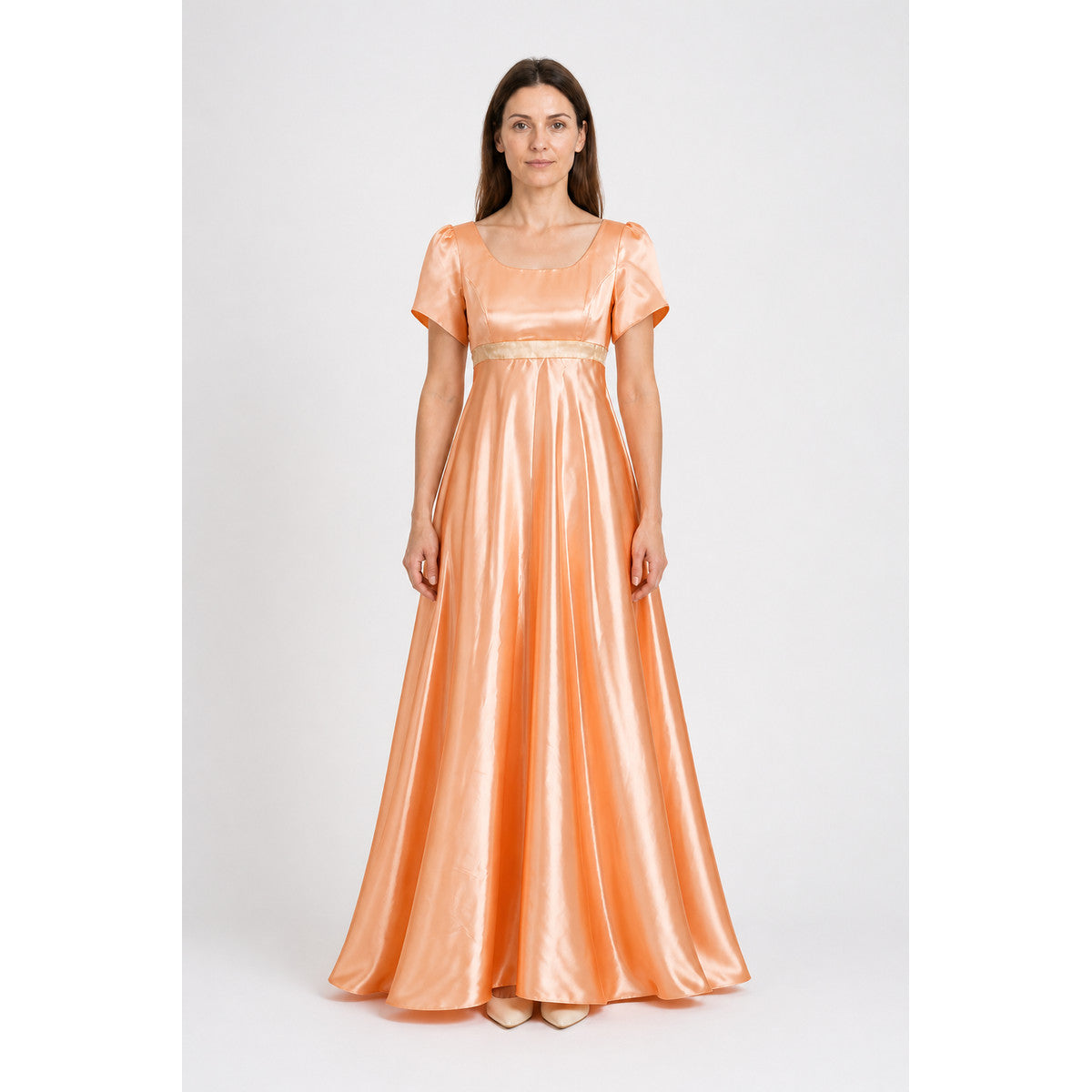 Orange Dress with Puff Sleeves and a High Waist