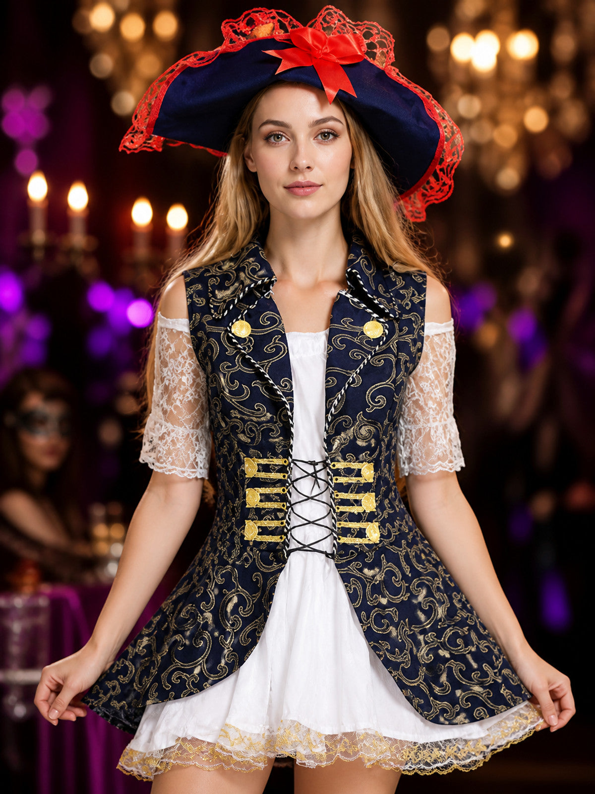 Women's Pirate Costume with Tricorn Hat for Halloween on-model view