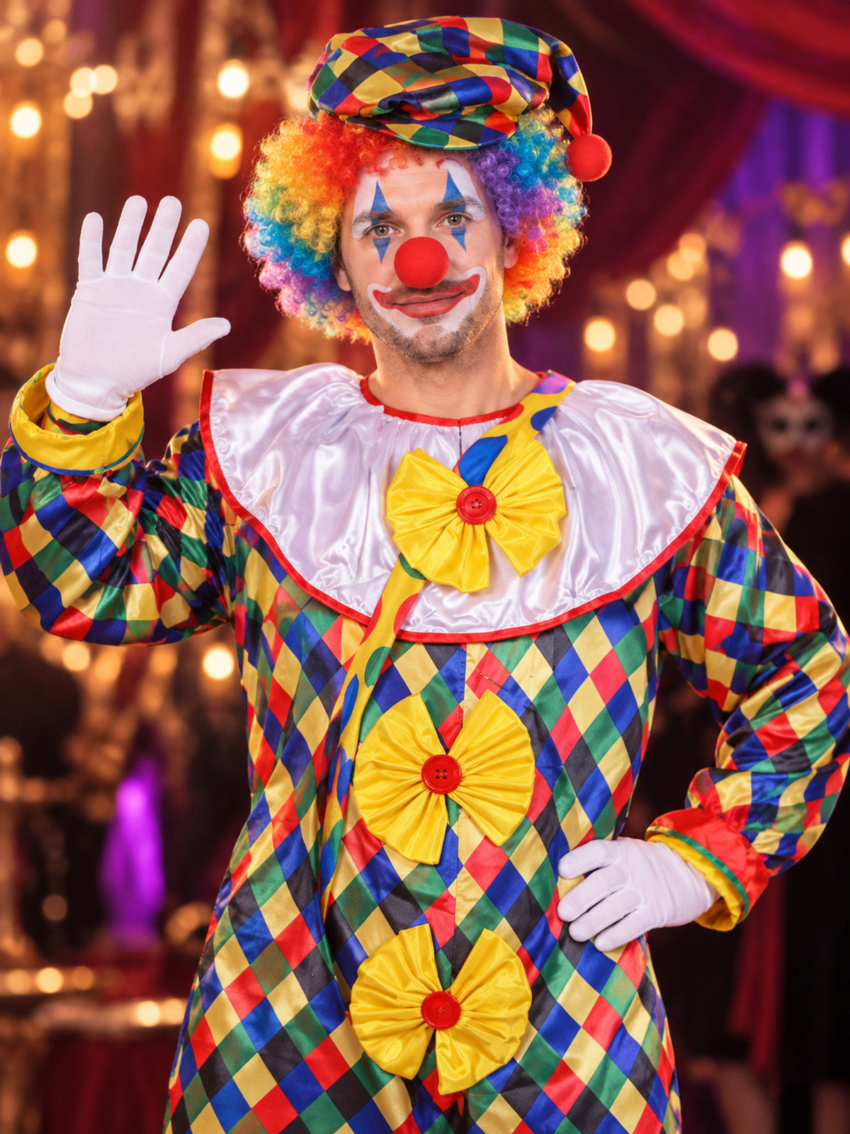 Clown Costume with Fluffy Collar, Hat, and Bows