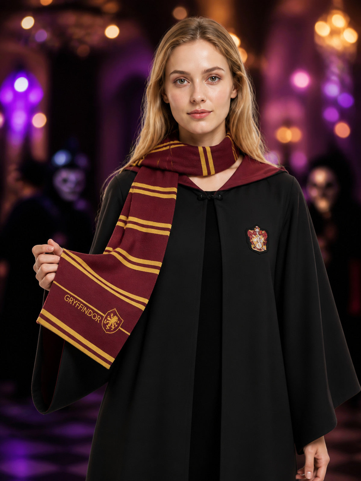 Kids Gryffindor Wizard Costume Set, Hooded Robe With Scarf, Red And Gold Trim on-model view