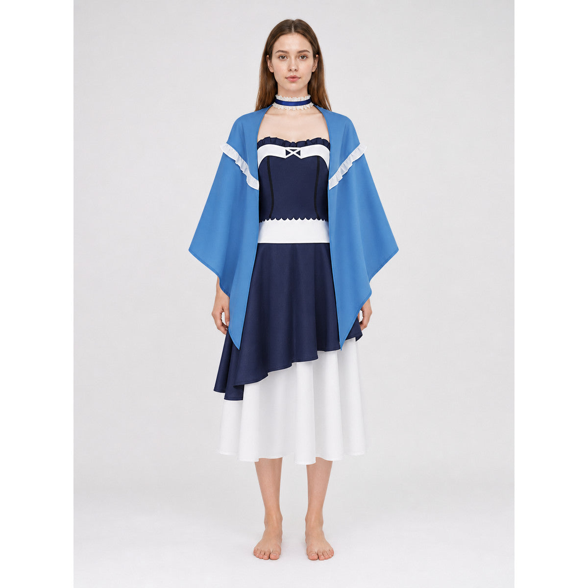 Dark Blue Dress with Cape and Lace for Cosplay on-model view