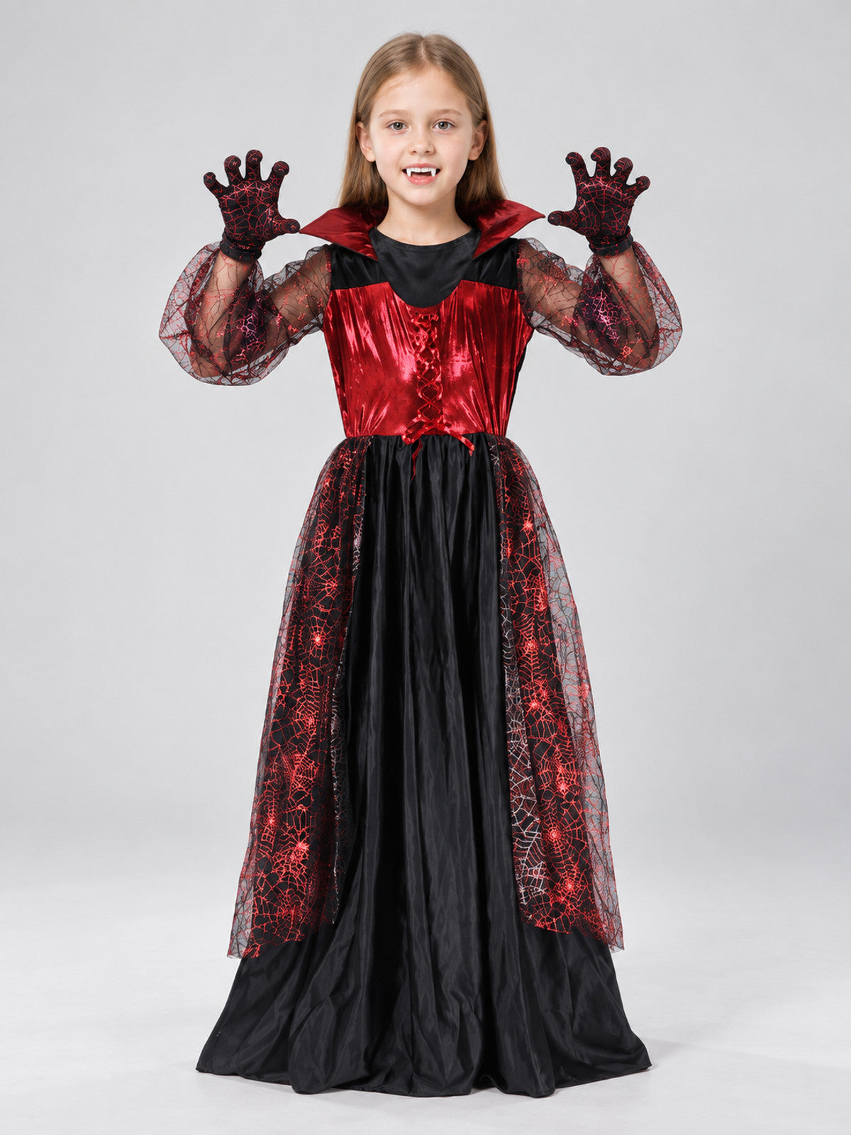 Kids' Vampire Costume Dress with Gloves and Fangs