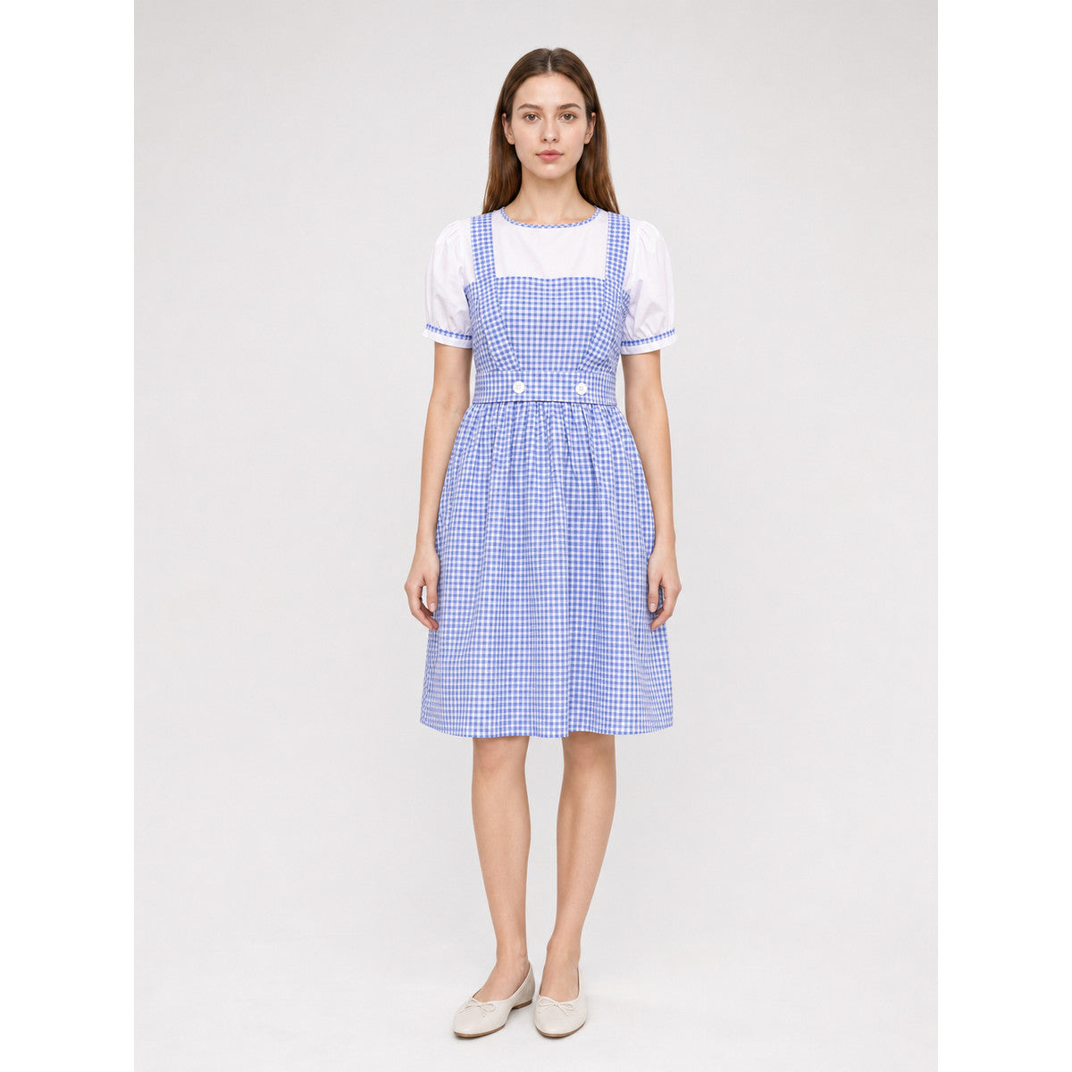 Blue-and-white plaid dress with puff sleeves