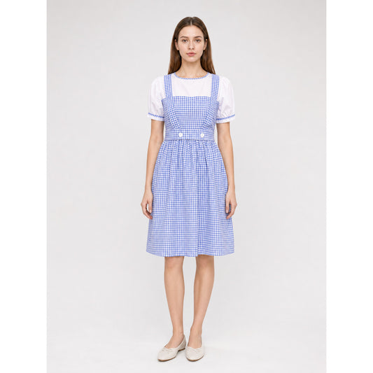 Blue-and-white plaid dress with puff sleeves