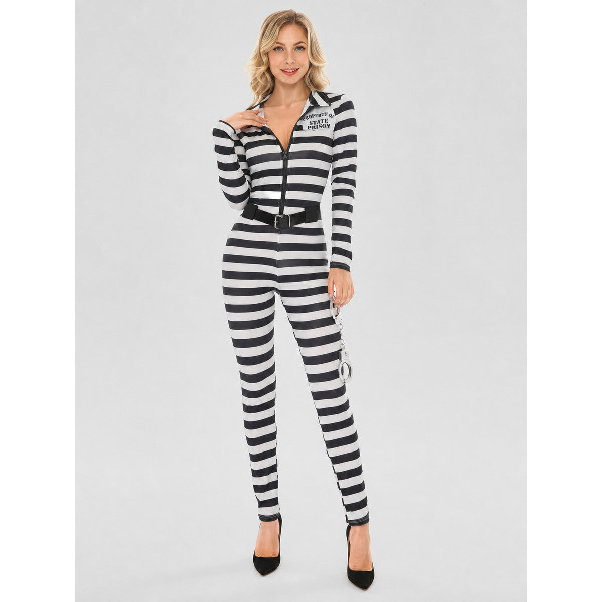 Striped jumpsuit costume with belt and handcuffs