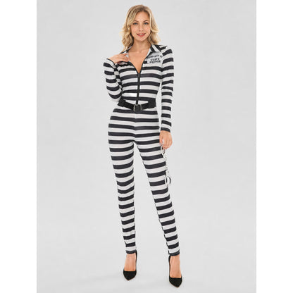 Striped jumpsuit costume with belt and handcuffs