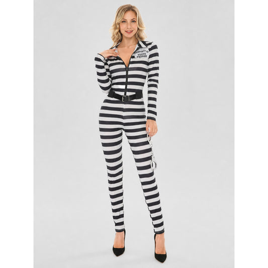 Striped jumpsuit costume with belt and handcuffs on-model view