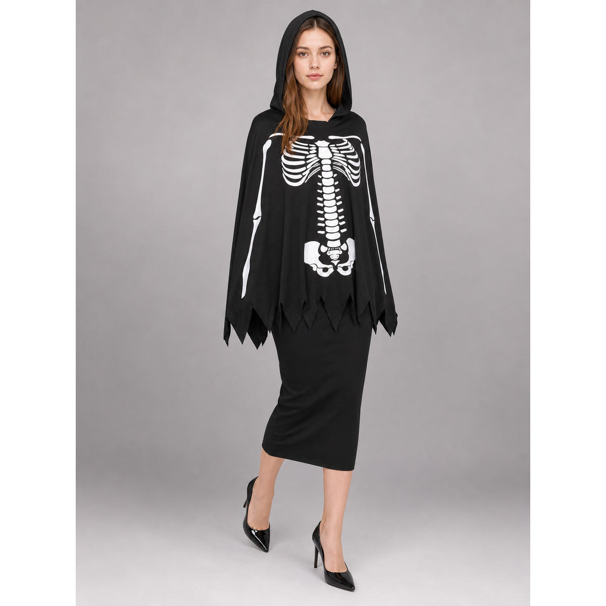 Skeleton Halloween Costume with Hood and Gloves front view