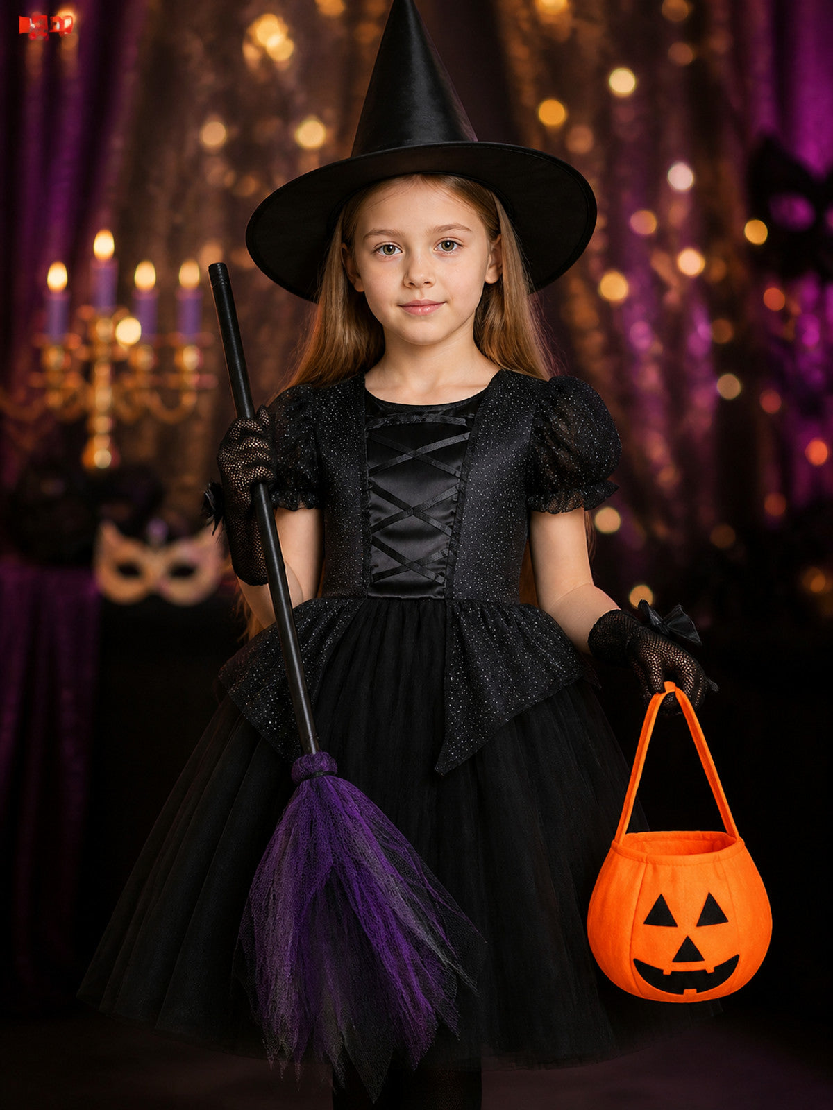 Girls' Witch Costume Set, Black Dress with Hat, Broom, Pumpkin Bag and Tights on-model view