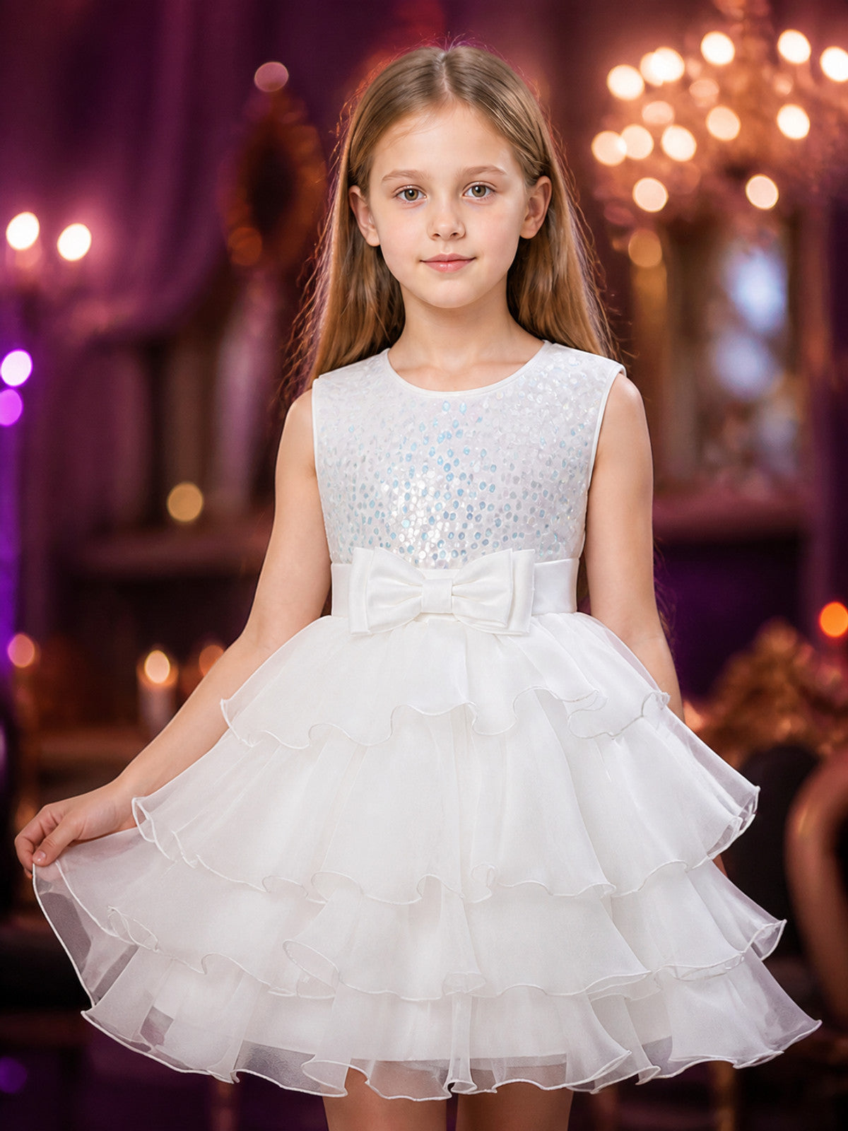 Toddler Girls' Princess Dress, Sequined Bodice, Layered Tulle Skirt With Bow on-model view