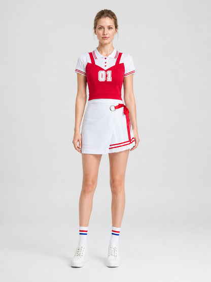 Red and White Cheerleading Costume, Shirt and Skirt on-model view