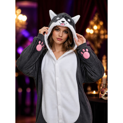 Husky Animal Hooded Jumpsuit Costume, Gray and White with Pink Paw Prints on-model view