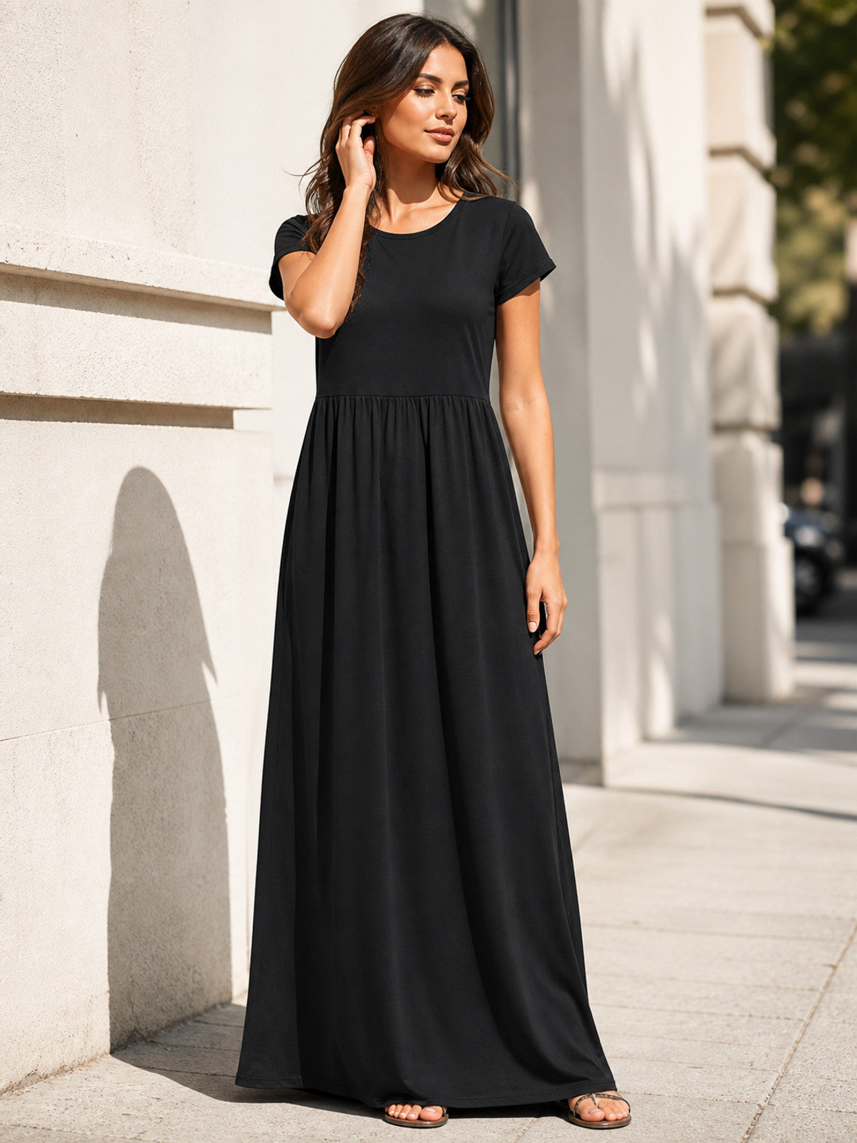 Women's Black Maxi Dress with Short Sleeves main product view