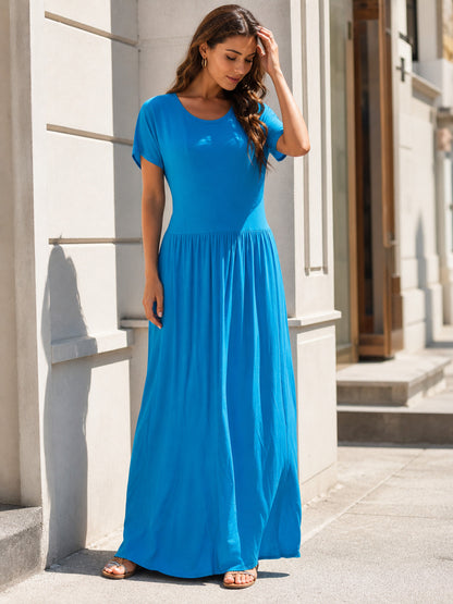 Long Women's Dress with Short Sleeves and Pleats main product view
