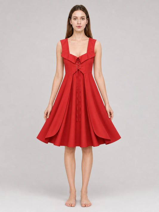 The red dress is designed in a vintage corset style and is suitable for costume front view