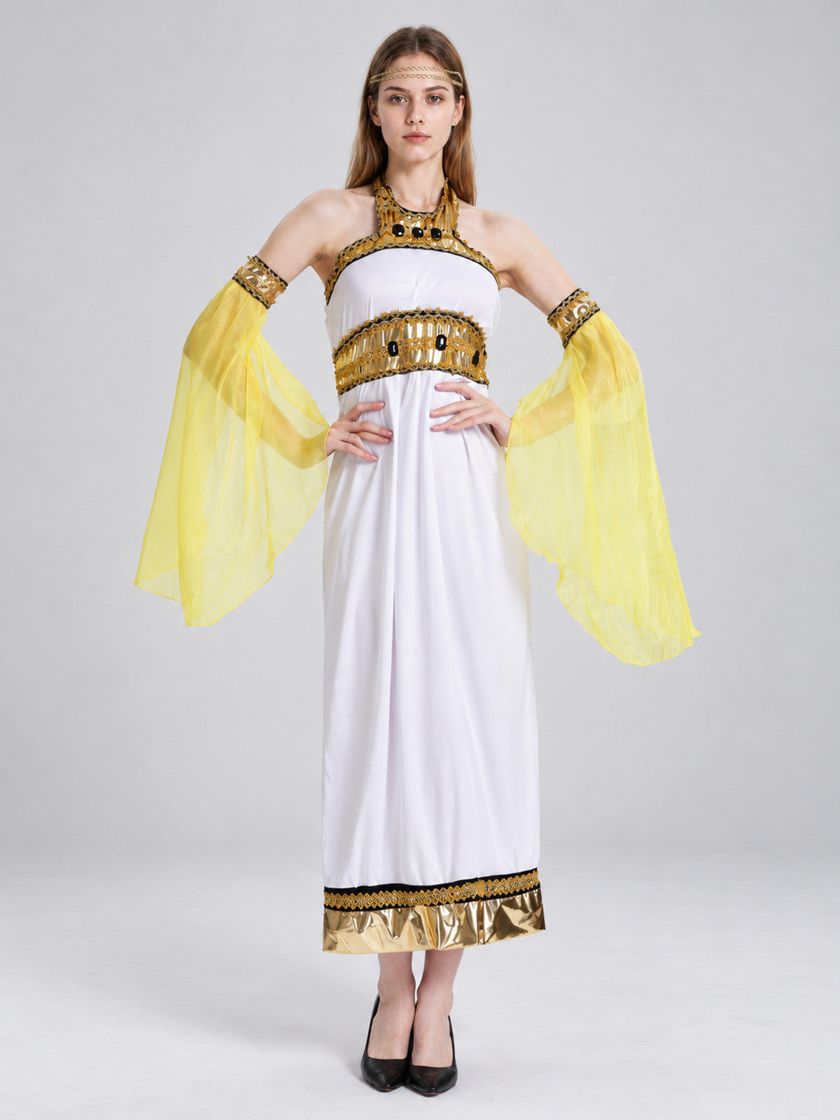 Carnival Costume with a White Dress and Yellow Sleeves on-model view