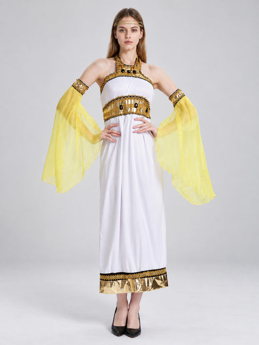 Carnival Costume with a White Dress and Yellow Sleeves on-model view