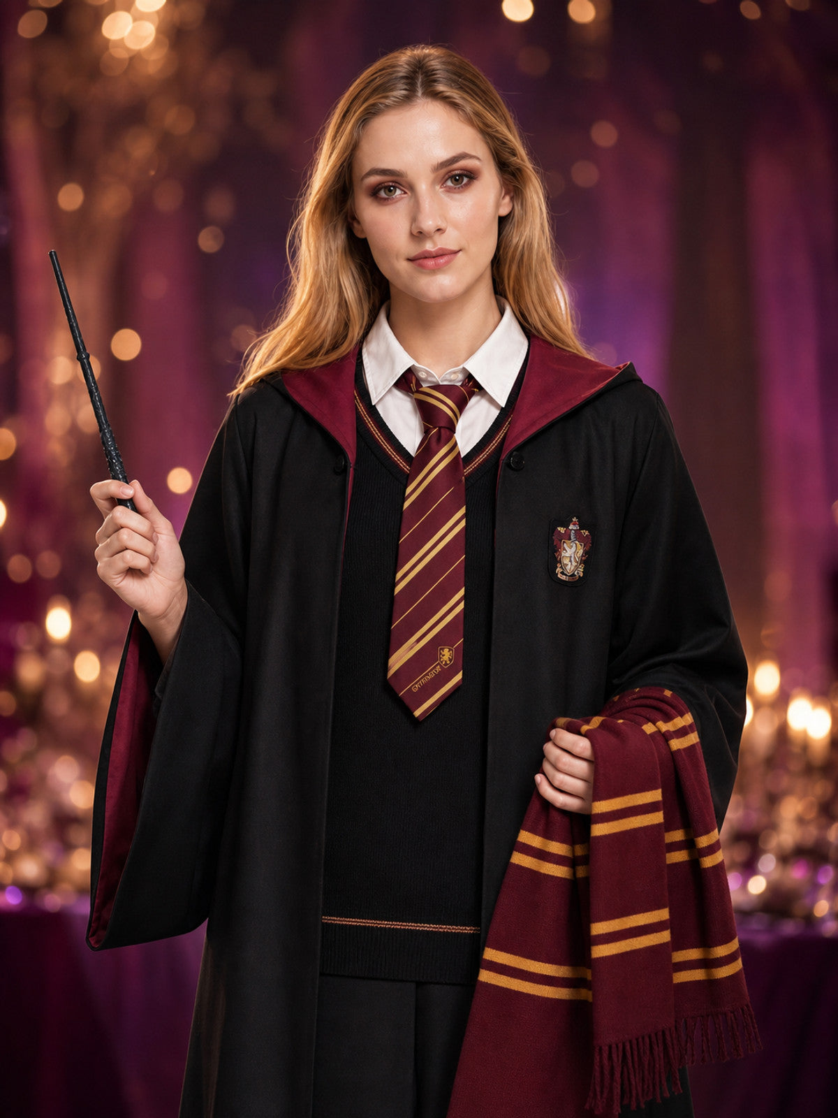 Children's Academic Wizard Robe Costume Set With Striped Tie, Scarf & Wand on-model view
