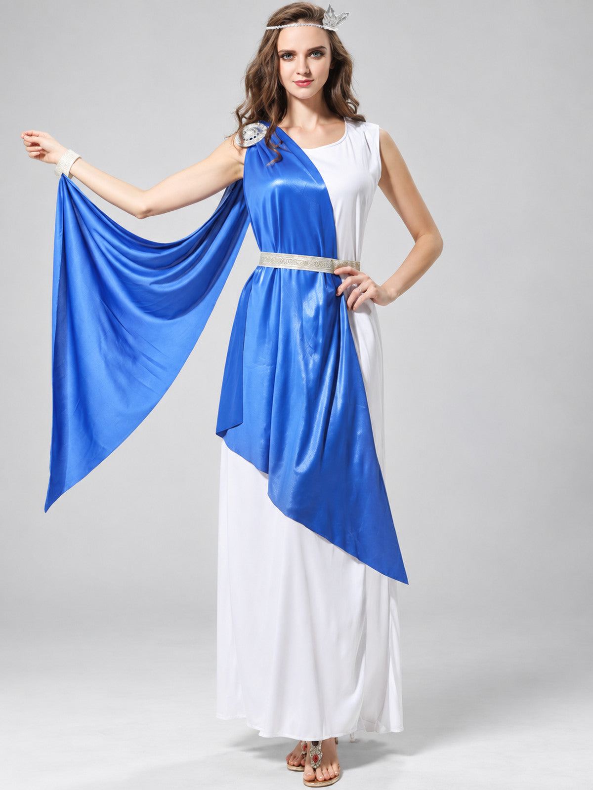 Costume with a Floor-Length Dress and Asymmetrical Draping on-model view