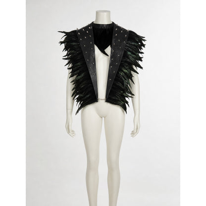 Black Feathered Leather Collar with Pointed Lapels, Metal Studs and Chain Buckle, Halloween Costume Accessory, Gothic Cosplay Witch Vampire Style