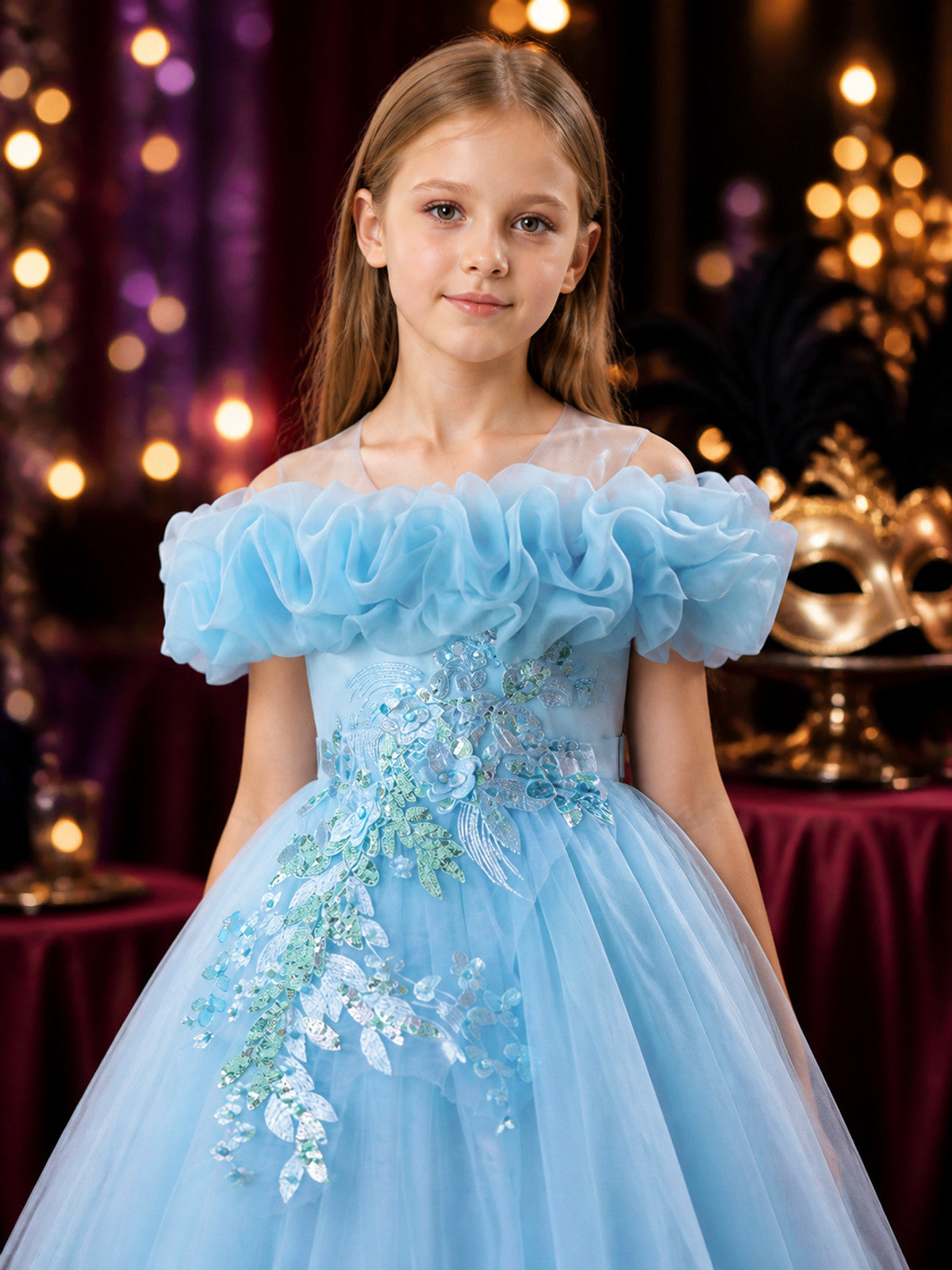 Girls' Sky Blue Off-Shoulder Princess Dress With Sequin Floral Embroidery on-model view