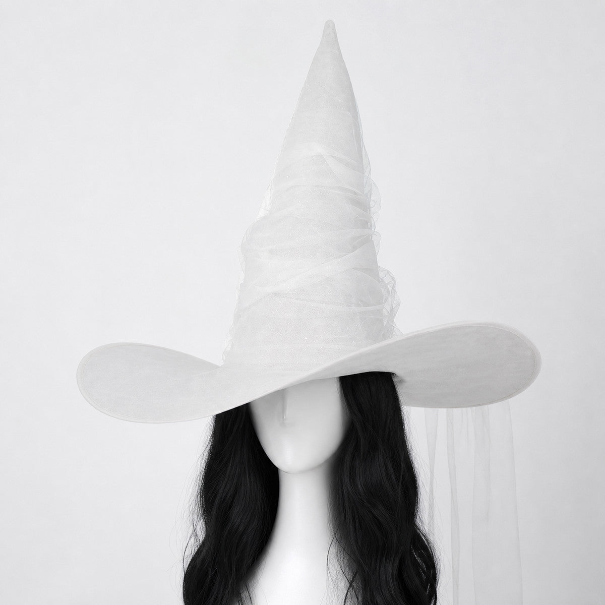 White Halloween Witch Hat With Attached Sheer Veil, Tall Curved Pointed Crown And Wide Floppy Brim For Cosplay Costume Party