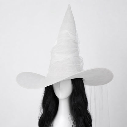 White Halloween Witch Hat With Attached Sheer Veil, Tall Curved Pointed Crown And Wide Floppy Brim For Cosplay Costume Party