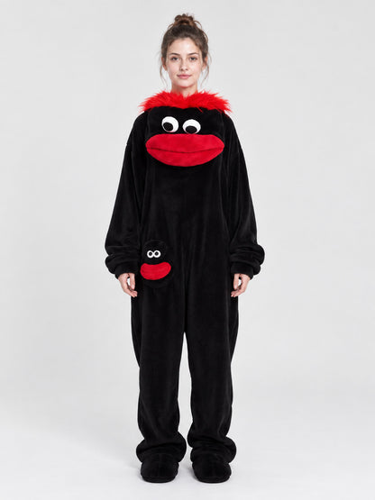 Black Cartoon Coral Fleece Pajama Jumpsuit