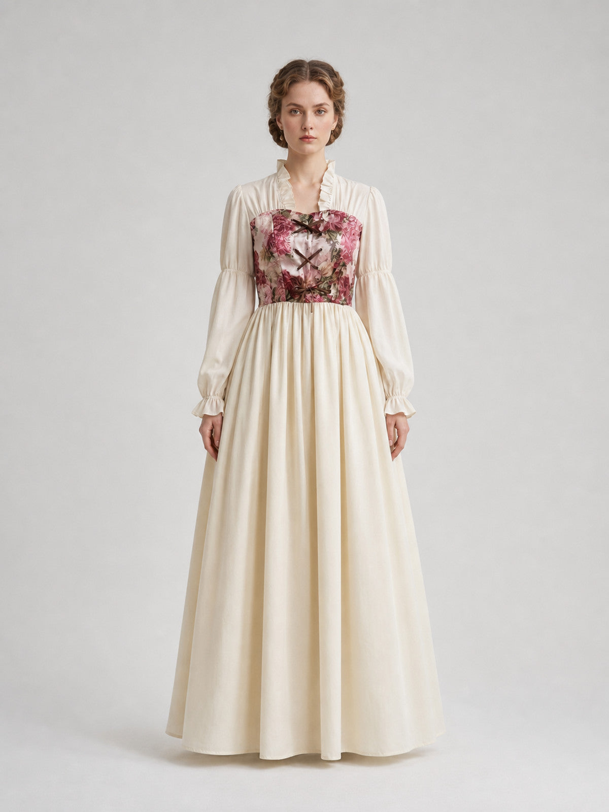 Retro-Style Dress with Floral Print and Lace-Up Front front view