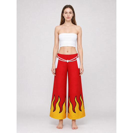 Anime cosplay costume with a flame print and wide-leg pants front view