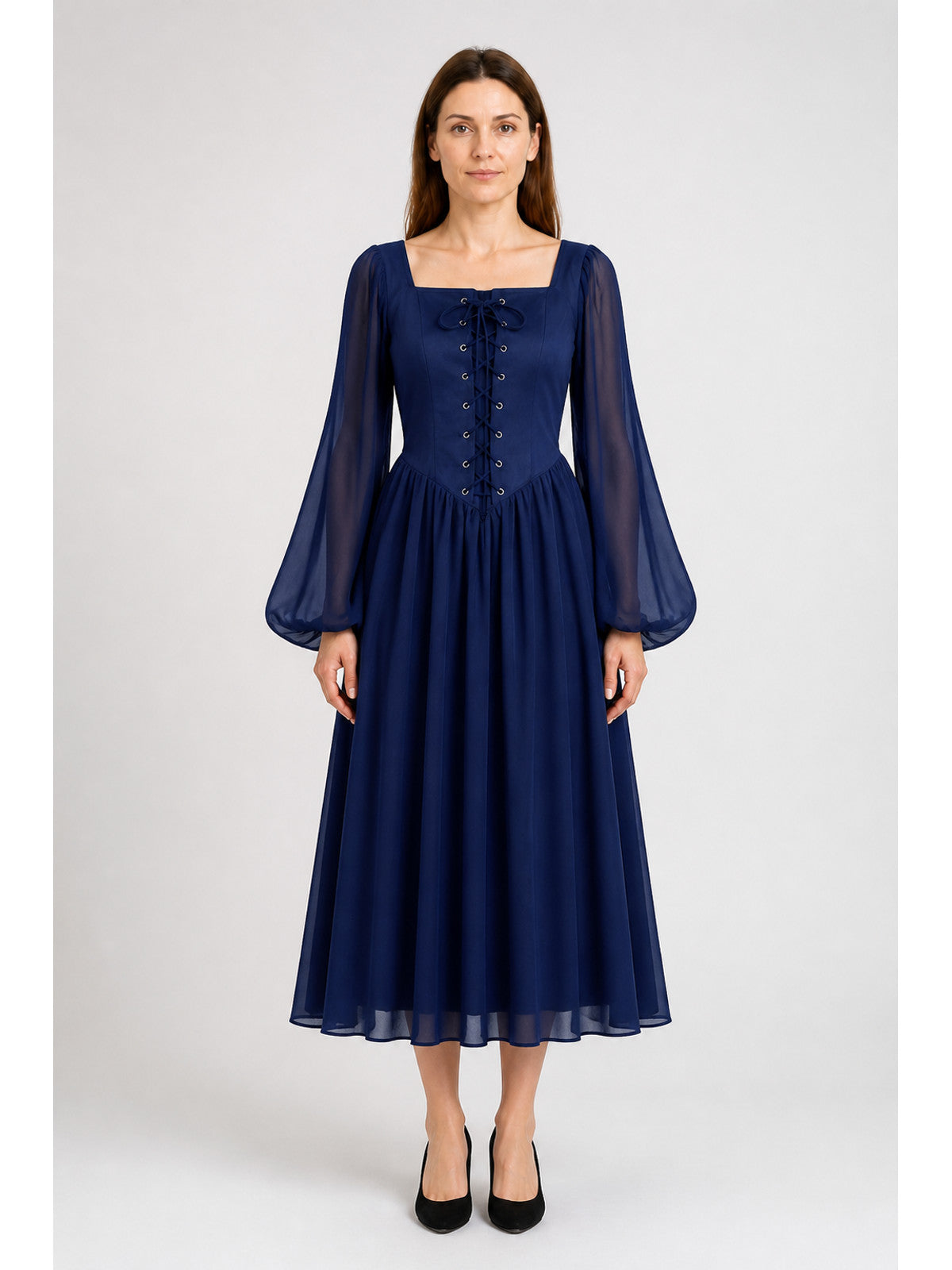 Renaissance-Style Dress with Flared Sleeves and Lacing, Blue main product view