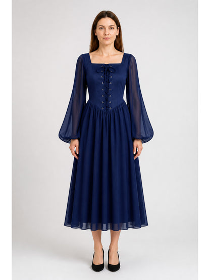 Renaissance-Style Dress with Flared Sleeves and Lacing, Blue main product view