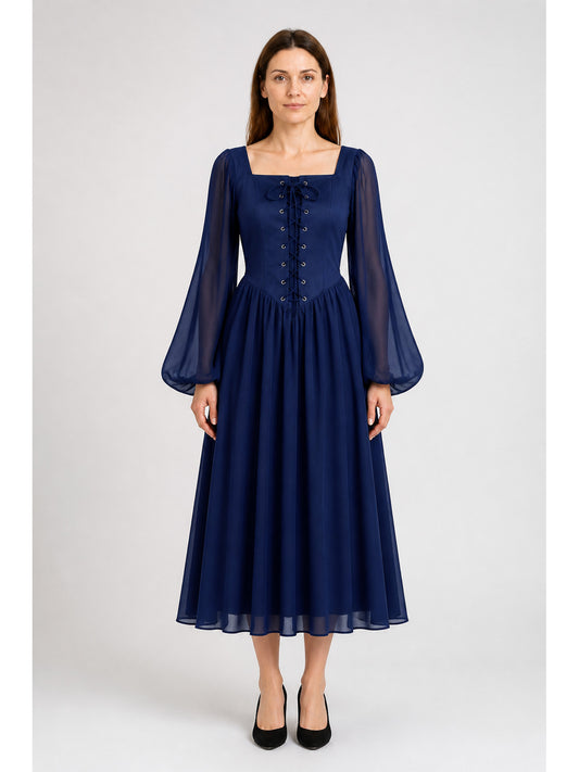 Renaissance-Style Dress with Flared Sleeves and Lacing, Blue main product view