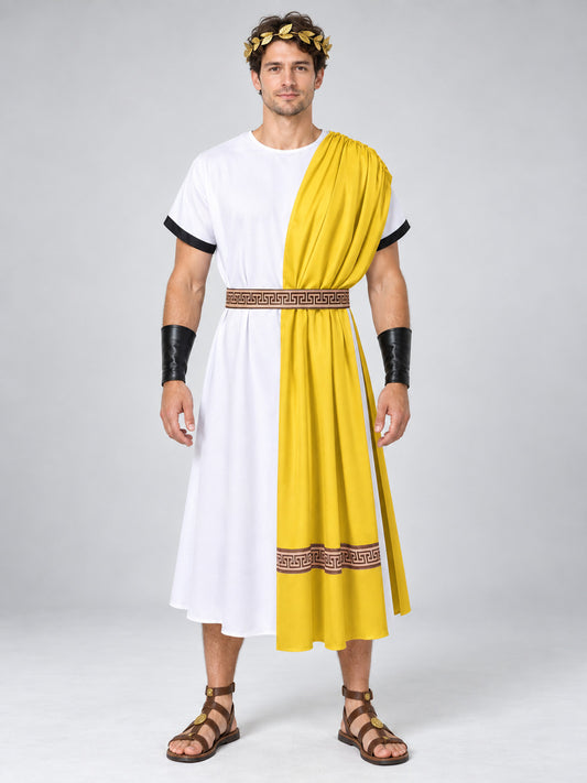 Man wearing the adult Greek toga costume: white robe with yellow shoulder drape, Greek key belt, black wristlets and gold leaf wreath, front view