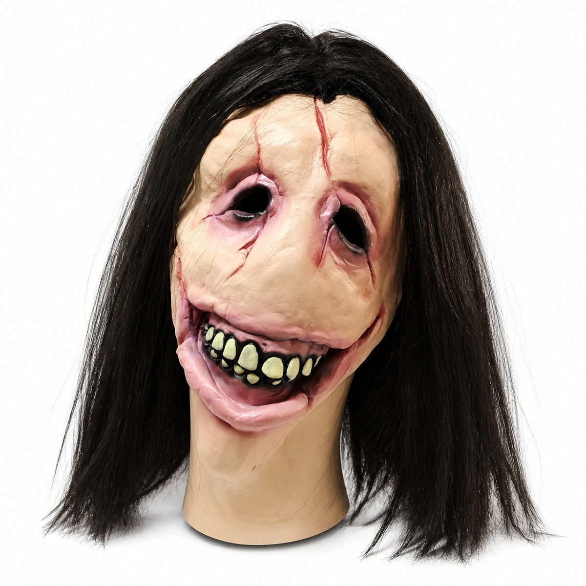 Slit Mouth Woman Mask Scary Female Ghost Hair Creepy Smile Horror Latex Face Cover Halloween Costume Cosplay Party Props Adults