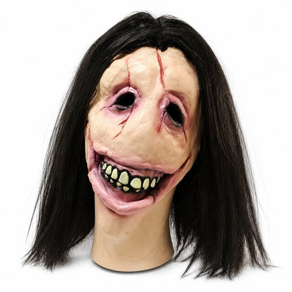 Slit Mouth Woman Mask Scary Female Ghost Hair Creepy Smile Horror Latex Face Cover Halloween Costume Cosplay Party Props Adults