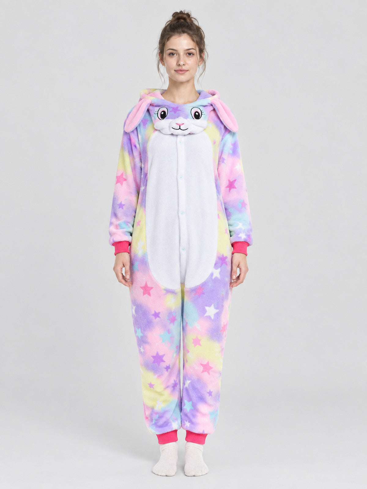 Hooded Pajama Jumpsuit with Ears and Star Print