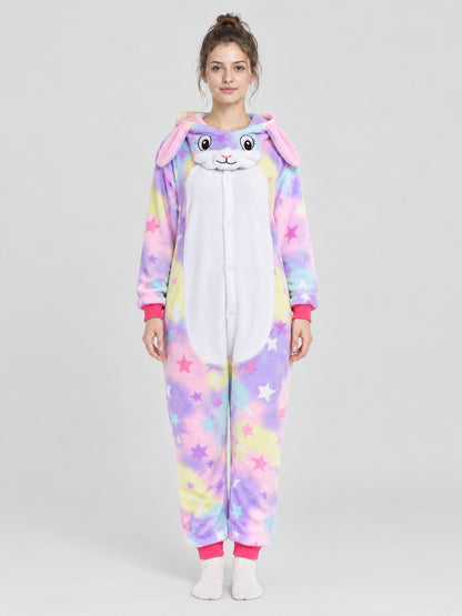 Hooded Pajama Jumpsuit with Ears and Star Print