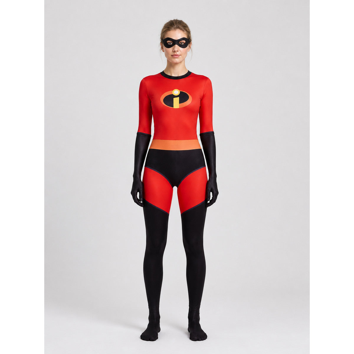 Red and Black Cosplay Jumpsuit with Mask on-model view