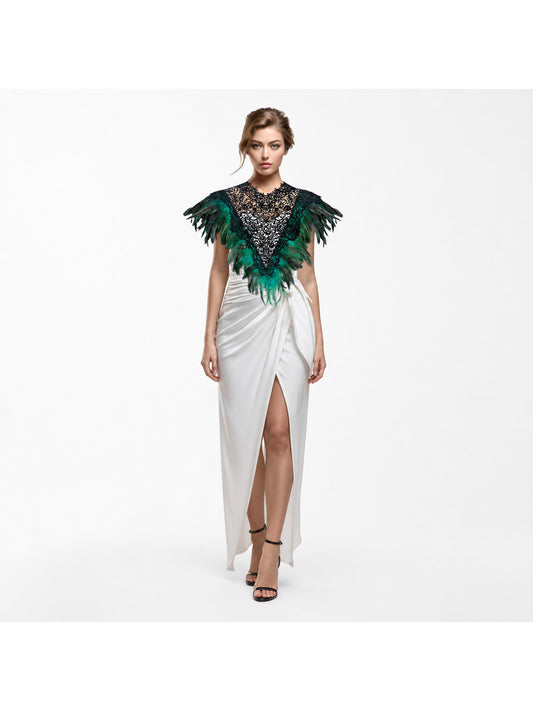 Halloween Costume Cape, Short Shoulder Cape with Green & Gray-Black Feather Trim