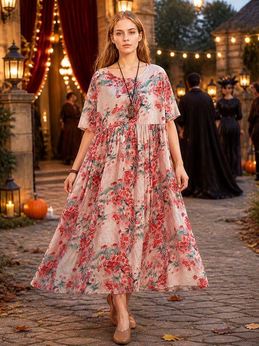 Floral Print Short Sleeve Long Dress with Waist Gathering and Flared Skirt