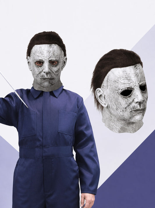 Halloween Carnival Mask with Brown Hair shown worn and on its own