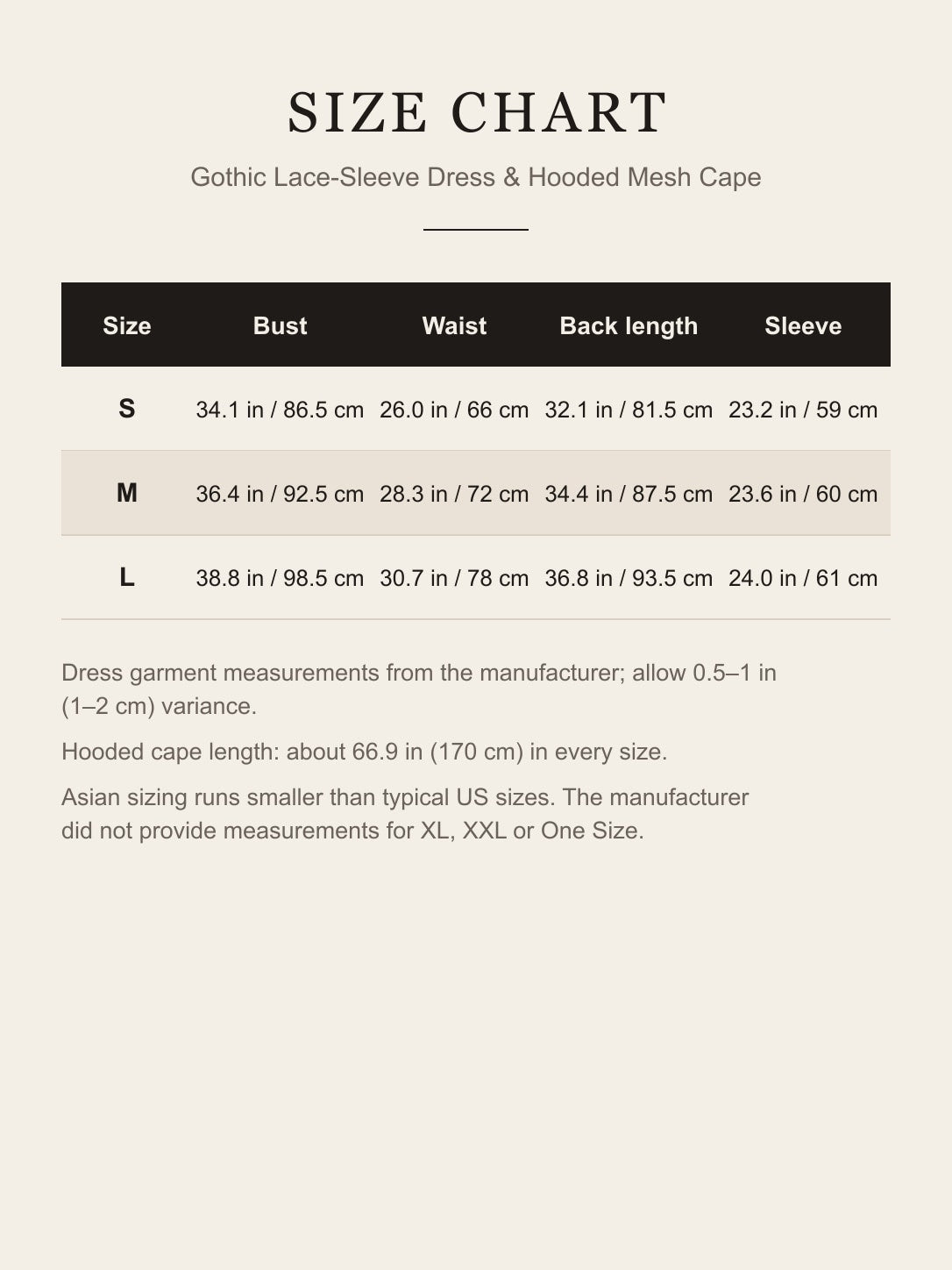 Size chart for the gothic lace-sleeve dress and hooded mesh cape: bust, waist, back length and sleeve for S, M and L in inches and centimeters