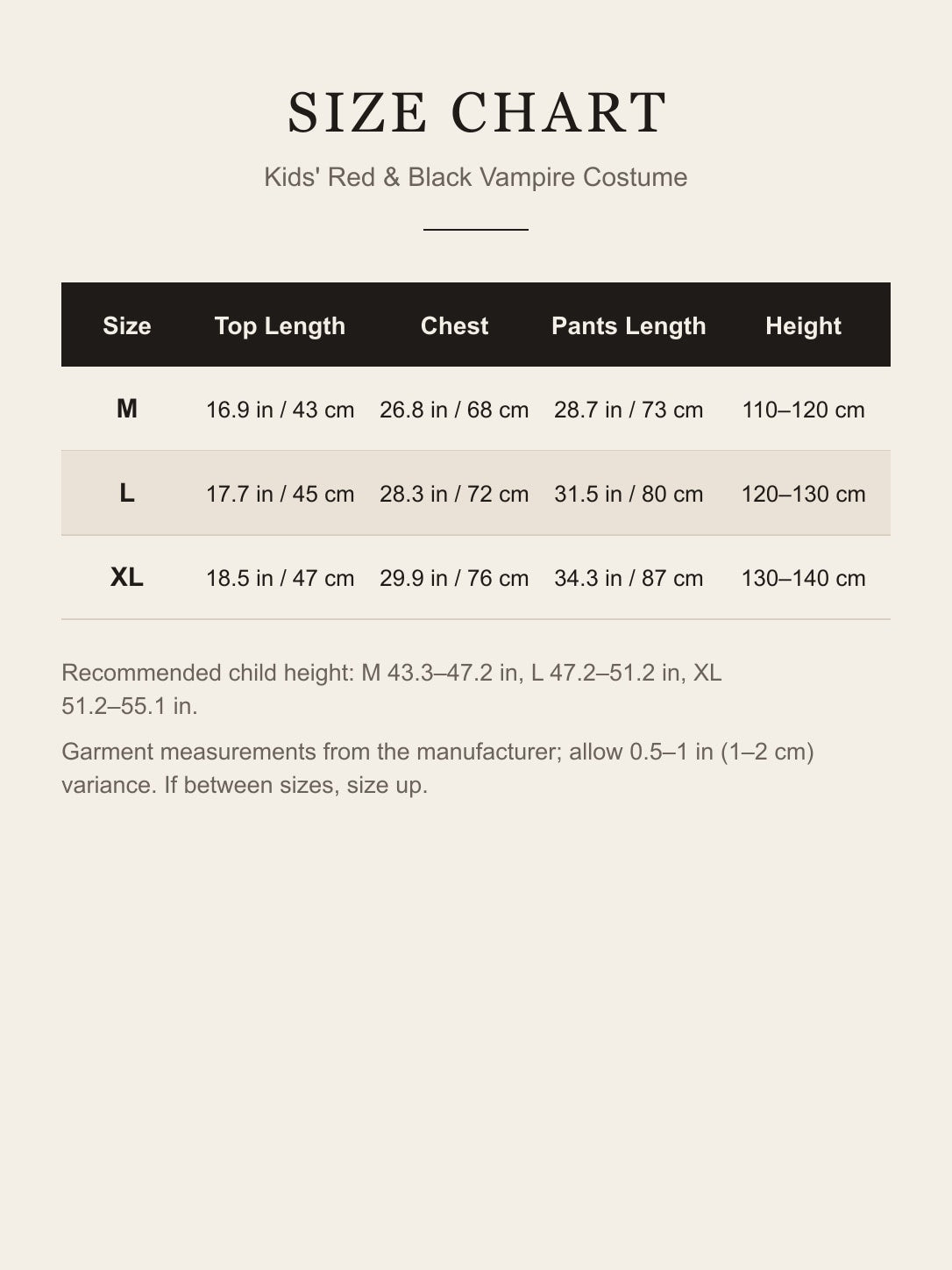 Kids' vampire costume size chart, sizes M, L, XL by child height 110–140 cm