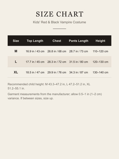 Kids' vampire costume size chart, sizes M, L, XL by child height 110–140 cm