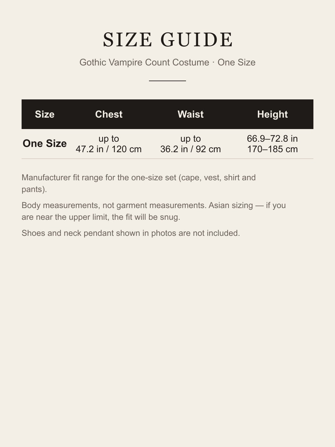 Gothic vampire count costume one-size size guide: chest up to 120 cm, waist up to 92 cm, height 170-185 cm