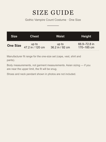Gothic vampire count costume one-size size guide: chest up to 120 cm, waist up to 92 cm, height 170-185 cm