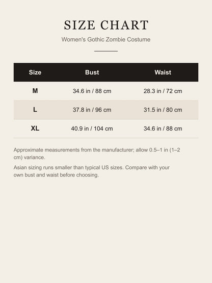 Size chart for the women's gothic zombie costume: bust and waist for M, L and XL in inches and centimeters